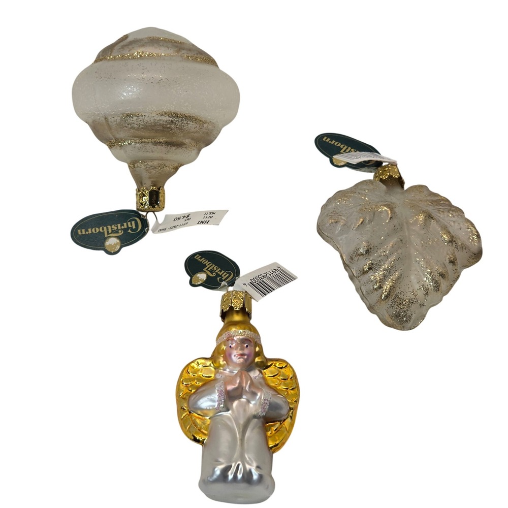 Christborn Ornaments Gold New Glass Angel Leaf Finial 3pc Set Germany